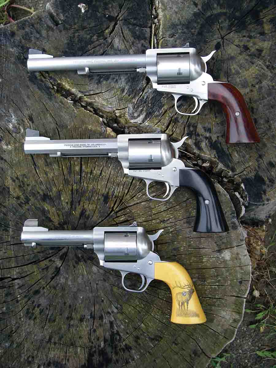 The Model 83 is available in a variety of barrel lengths and caliber options including (top to bottom): a .454 with a 7.5-inch barrel, a .475 Linebaugh (Model 757) with a 6-inch octagonal barrel and black micarta stocks, and a .454 Casull with a 4.75-inch barrel and factory custom scrimshaw stocks.